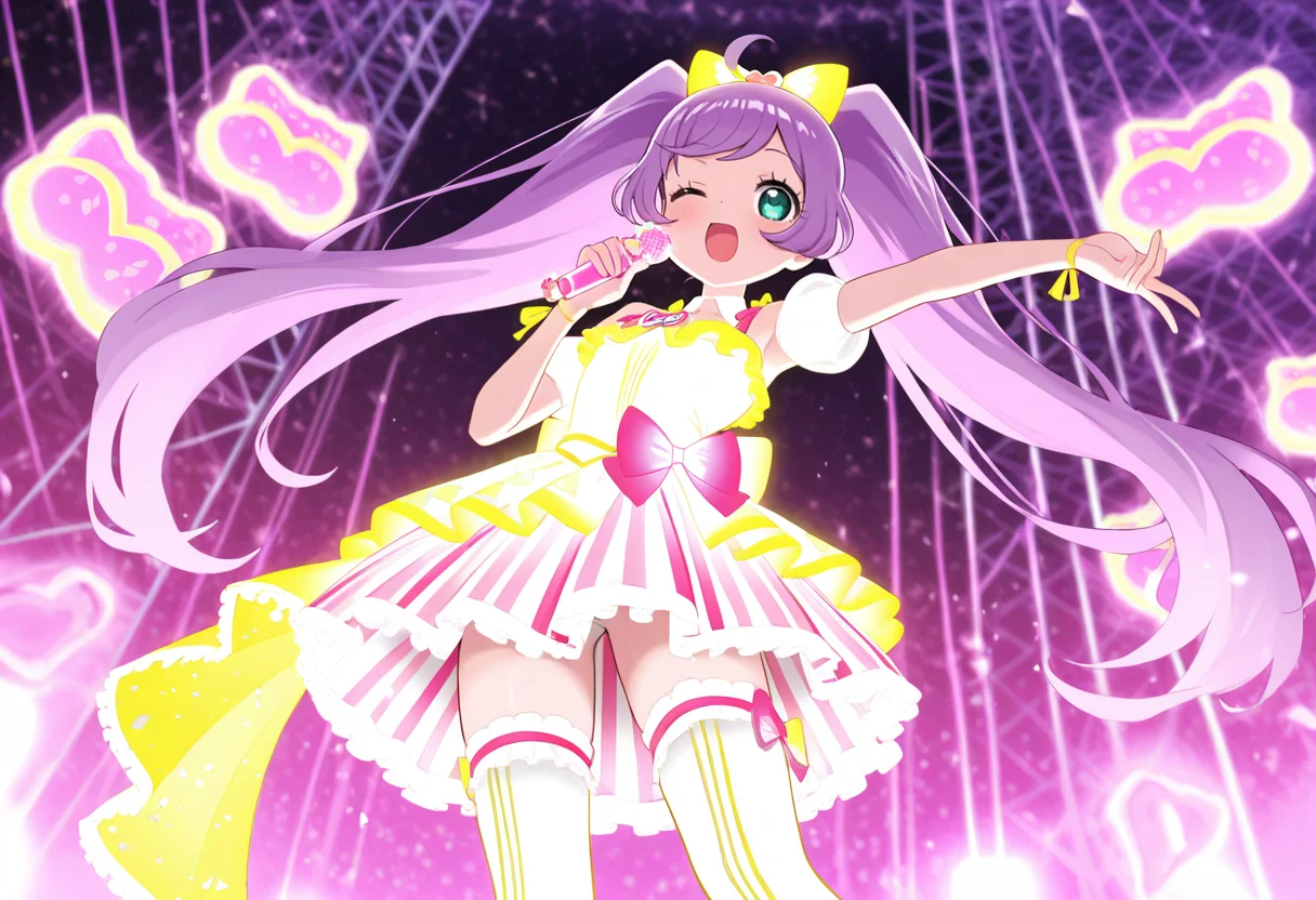 best quality, masterpiece, absurdres, manaka laala, holding microphone, one eye closed, idol dress, glowing dress, thighhighs, from below, heart, bazillium live, solo <lora:manaka_laala:1> <lora:bazilliumlive_Illust_v1:0.8>