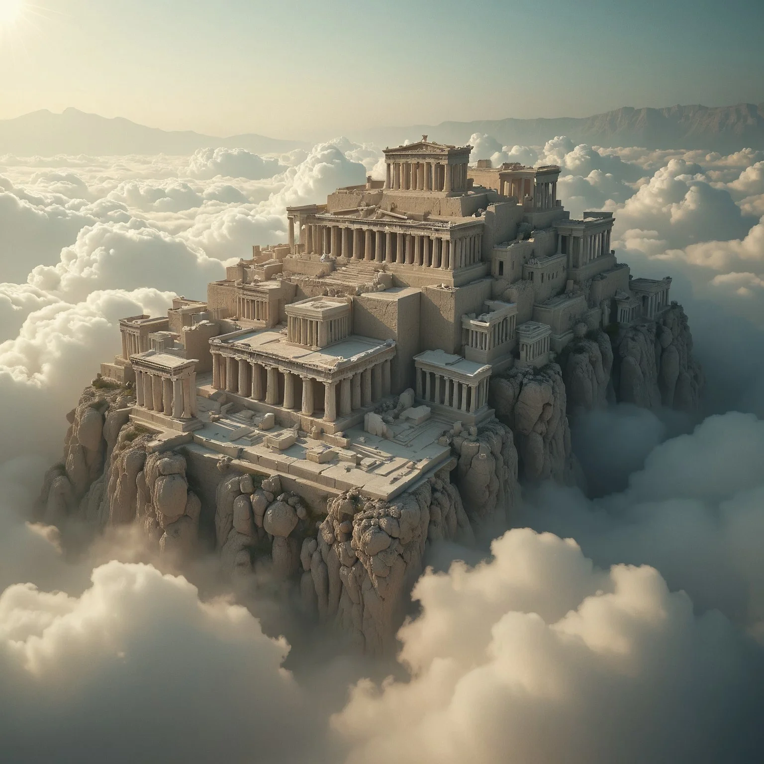 the most realistic, photorealistic photo ever taken [(an ancient greek mythological city:1.5) in the clouds,a dream world shifting landscapes,  Captured with a Hasselblad X2D 100C and an 80mm f/1.9 lens, hyper-realistic textures, soft studio lighting, elegant shadows, incredible realism,  ultra-detailed textures, perfect lighting],