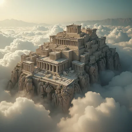 the most realistic, photorealistic photo ever taken [(an ancient greek mythological city:1.5) in the clouds,a dream world shifting landscapes,  Captured with a Hasselblad X2D 100C and an 80mm f/1.9 lens, hyper-realistic textures, soft studio lighting, elegant shadows, incredible realism,  ultra-detailed textures, perfect lighting],