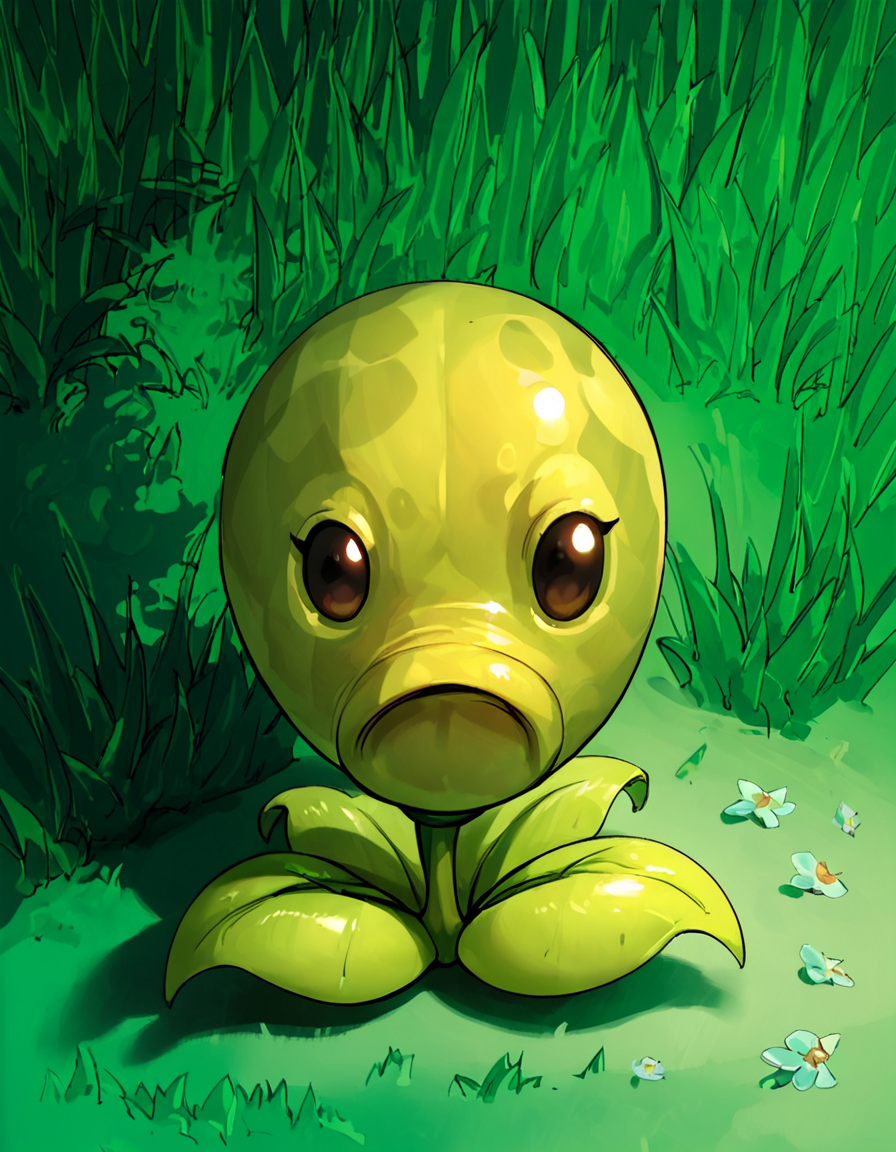 score_9, score_8_up, score_7_up, score_6_up, score_5_up, score_4_up, source_anime, , peashooter, creature, grass, looking at viewer