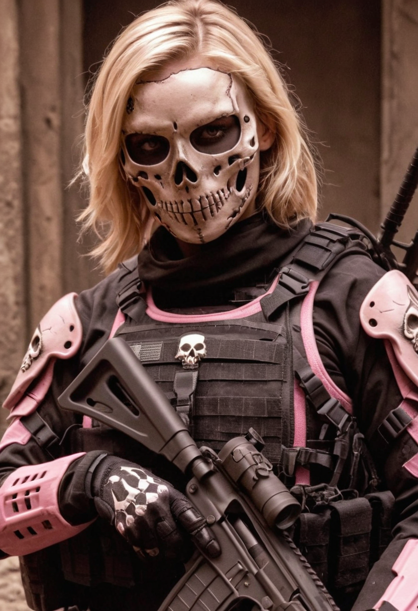cinematic still D34THSQU4D, blonde woman wearing pink tactical gear, cute, girly, skull mask, armor, army, holding weapon, apocalypse war . emotional, harmonious, vignette, 4k epic detailed, shot on kodak, 35mm photo, sharp focus, high budget, cinemascope, moody, epic, gorgeous, film grain, grainy, D34THSQU4D, blonde woman wearing pink tactical gear, cute, girly, skull mask, armor, army, holding weapon, apocalypse war, holy, great, light, clear, crisp, sharp, extremely detailed, beautiful, intricate, cinematic, artistic, true luxury, full color, elegant, very inspirational, thoughtful, inspiring, vibrant, loving