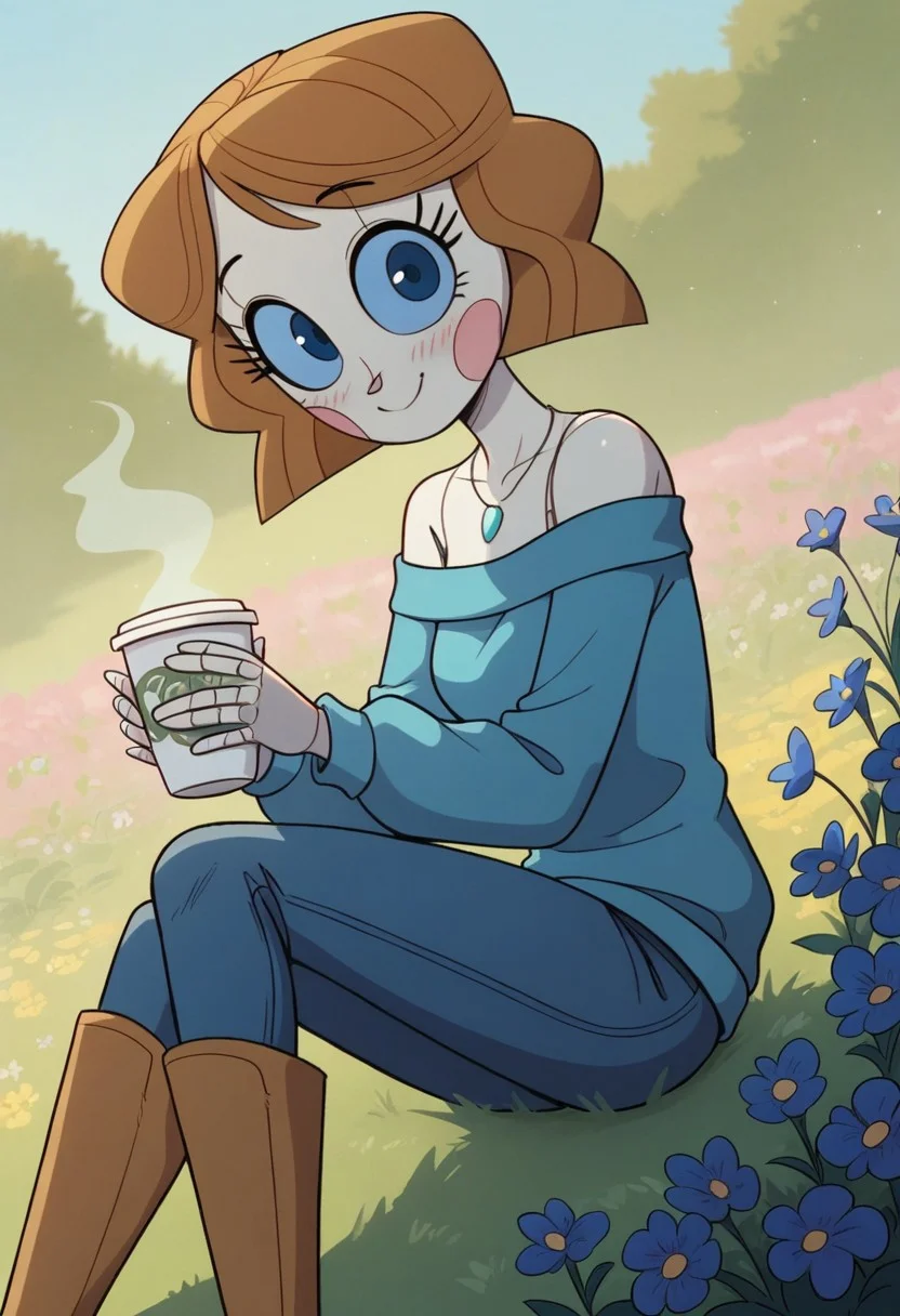 Score_9_up, score_8_up, score_7_up, 1girl, emmytr, blue eyes, solo, beautiful, robot, brown hair, blue sweater, off shoulder, blue jeans, brown fur boots, high heel boots, silver necklace, cute, holding cup of coffee, garden, flower field, blue sky, sitting on grass, look at viewer, close up, cowboy shot, smiling, blushing, side view