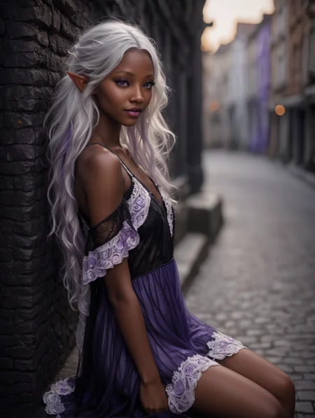 masterpice, award winning, film grain, (photorealistic:1.2), 16k, UHD, best quality, ultra highres, hyperrealistic, rim light, (soft focus, intricate, highly detailed),
Perfect Hands,
Tilted Dutch Angle,
nsfw,
A beautiful elf girl lean on a wall on a crowded street at noon in a medieval city,
jet black skin, elf ears,
wearing a high detailed opulent intricate (black and lavender:1.3) tiny night gown, frilled with white lace, revealing dress,
smiling,
long white white disheveled tangled hair, messy hair,
wearing a loose hanging black crop top and a black and lavender ruffled revealing see-through crochet skirt,
looking at viewer,
lips parted,
<lora:RKN_Kyrth_SDXL:0.8>,
<lora:add-detail-xl:1>,
<lora:hand 5.5:0.8>