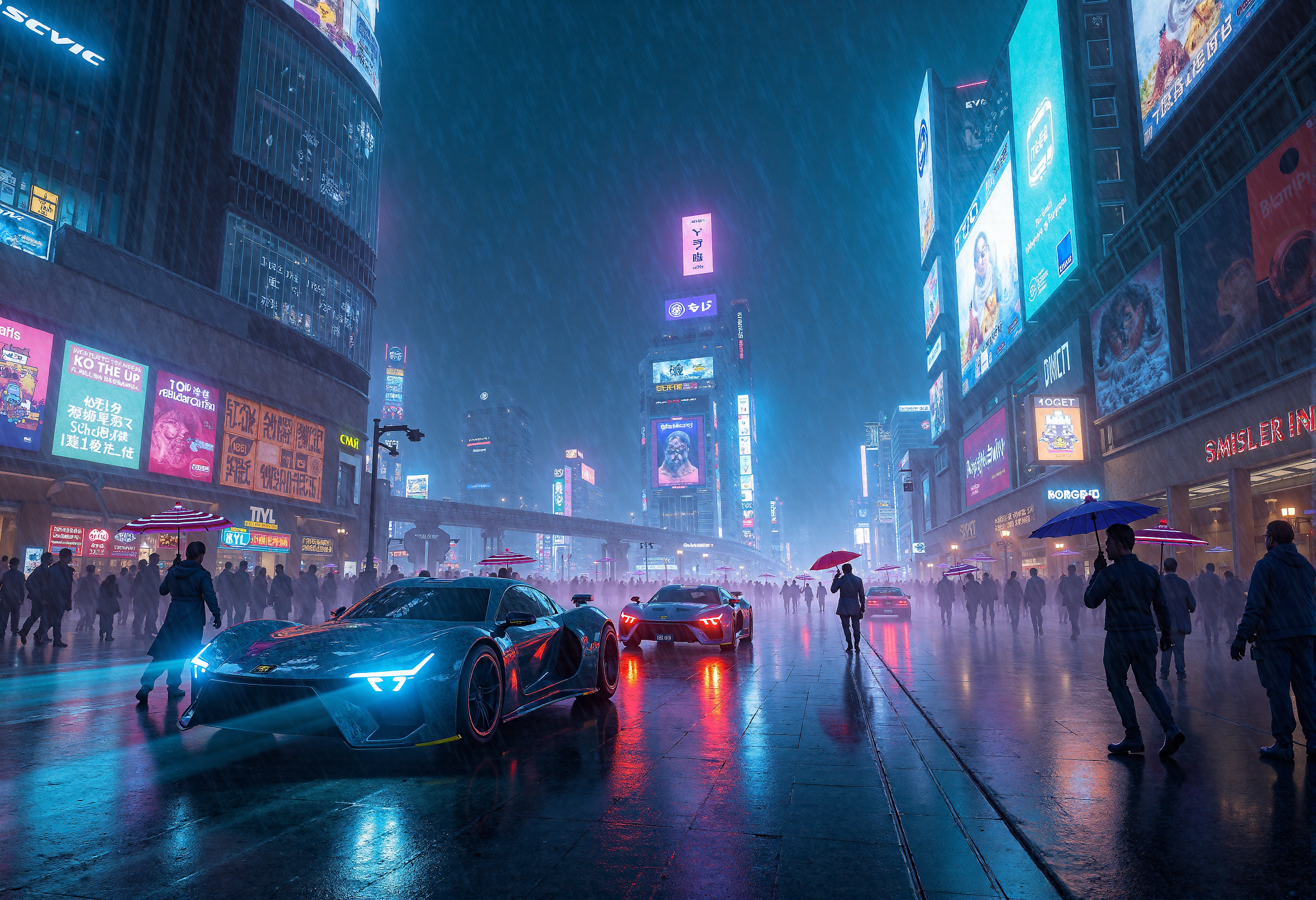 A highly detailed professional photograph capturing a futuristic Tokyo street scene at night, rendered in a cyberpunk aesthetic. The cityscape is bathed in vibrant neon lights, with a kaleidoscope of electric colorsâblues, purples, pinks, and redsâpouring from towering buildings that stretch high into the sky, their glass faÃ§ades shimmering with digital advertisements and holographic displays. The streets below are slick with rain, reflecting the glowing signs and vibrant lights, creating an almost mirror-like effect on the wet asphalt.
Futuristic, sleek cars glide through the street, their designs streamlined and ultra-modern, illuminated by glowing blue and red headlights and undercarriage lights, leaving faint trails of light in their wake as they speed through the city. In the background, towering billboards flicker with massive, holographic advertisements, while smaller drones hover above, silently patrolling the skies.
The street is bustling with life despite the heavy rainfall, with pedestrians wearing high-tech clothing and glowing accessories, moving under neon umbrellas that cast their own colored light. The rain creates a soft, misty haze, blurring the edges of the neon signs and car lights, adding an ethereal quality to the atmosphere. In the distance, a monorail zips past, its sleek silhouette barely visible through the rain and neon-lit fog. Darkness envelops the city, but the vivid, pulsing lights create an otherworldly ambiance, blending the high-tech allure of the future with the gritty, dystopian undercurrent that permeates the cyberpunk genre. The mood is both vibrant and foreboding, capturing the essence of a futuristic metropolis that never sleeps.