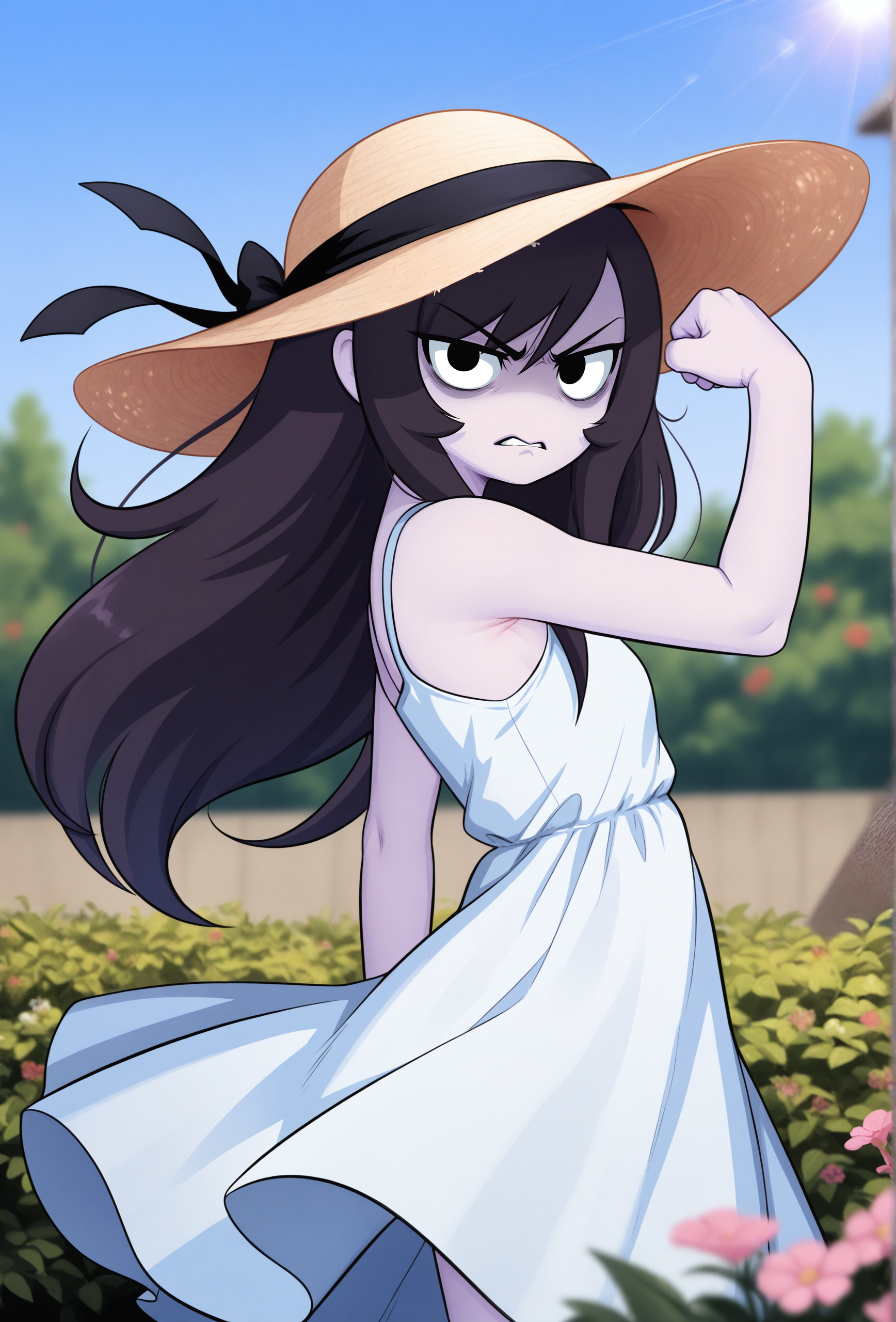 masterpiece,best quality,amazing quality, <lora:rosemary_cabronpr_noob_vpred_v1.1f:1> rosemary, 1girl, solo, black eyes, no nose,bags under eyes, long hair, angry, looking at viewer, sun hat BREAK
(depth of field:1.3), garden, flowers, plant, tree, blue sky, wind, sun dress, sleeveless, bicep pose