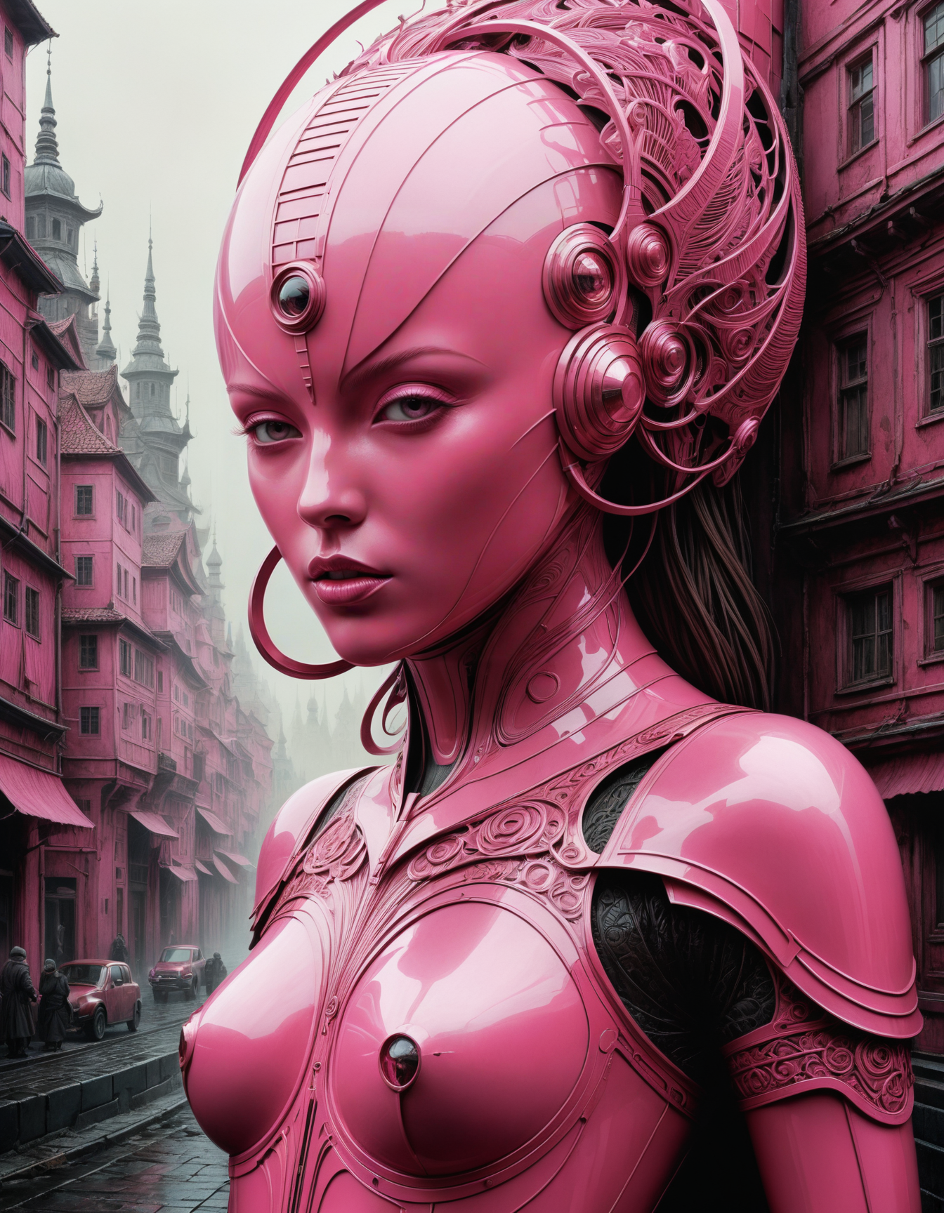 by Ian Miller and Anton Semenov,  (pink , pink , masterful:1.4), poster art, bold lines, hyper detailed, expressive,  award winning,  (scenery:1.4), (intricate details, masterpiece, best quality:1.4),
low key lighting , looking at viewer, dynamic pose, wide angle view,
<lora:add-detail-xl:1> <lora:xl_more_art-full_v1:0.5> <lora:looking_at_viewer:2>