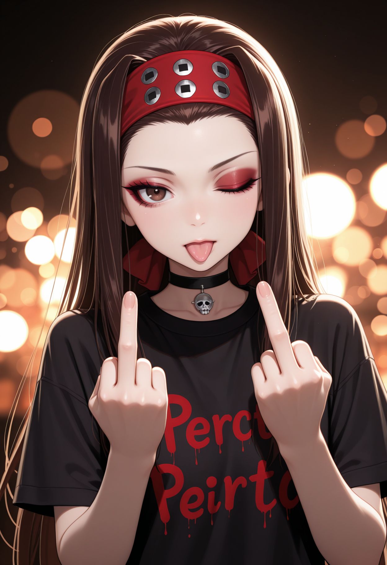 masterpiece,best quality,absurdres,highres,very aesthetic,high quality,detailed,insanely detailed,beautiful,perfect lighting, ,depth of field,blurry background,bokeh, looking at viewer,
 <lora:Saemonaza illu:1>1girl, long hair, brown eyes, brown hair, one eye closed, red headband, black shirt, t-shirt, black choker, goth, eyeliner, eyeshadow double middle finger, tongue out,