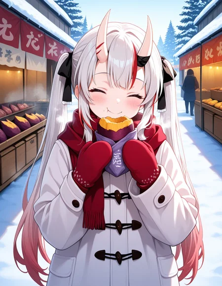 masterpiece, best quality, amazing quality, outdoors, market, winter, snow, 1girl, solo, nakiri ayame, oni, oni horns, white hair, red hair, streaked hair, gradient hair, red eyes, very long hair, twintails, hair ribbon, black ribbon, white coat, scarf, red scarf, mitts, food, sweet potato, steam, eating, holding half eaten potato, puffed cheek, smile, closed eyes, blush, <lora:5a77cb5e-91b3-4991-bf22-116b6243a1d7:0.7>