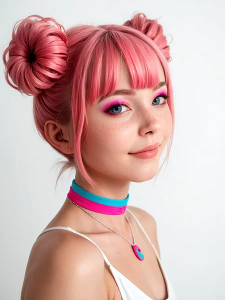 score_9, score_8_up, score_7_up, realistic lighting, photo, photorealistic
1girl, pink hair, necklace, (bangs:1.1), side view, (detailed face and eyes:1.2), white background, perfect cute face, turning to look at viewer, vibrant colours, cocky smile, choker, (freckles:0.6), eyeshadow, pigtail buns, round face
