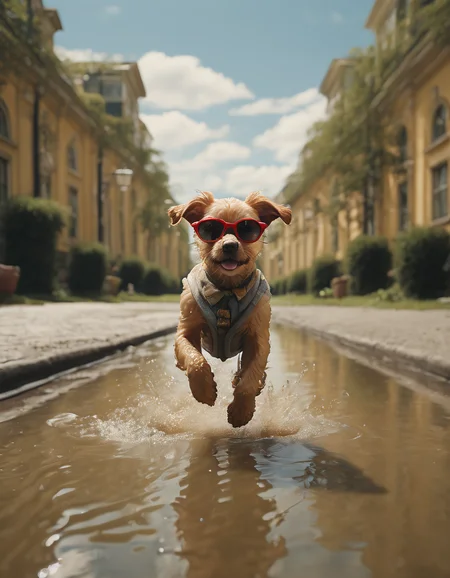 cinematic photo a puppy wearing sunglasses jumping in a puddle, 35mm photograph, film, bokeh, professional, highly detailed, 4k, uhd, masterpiece