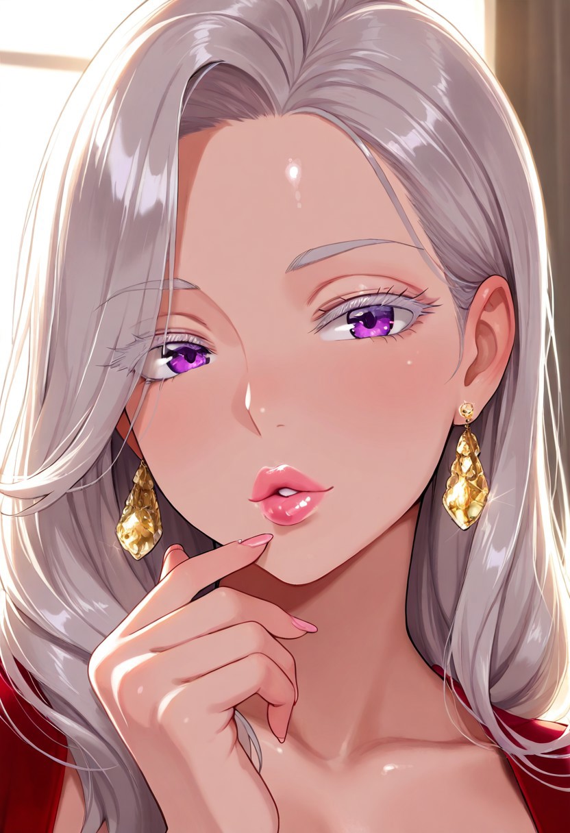 1girl, adult woman, earrings, masterpiece, red dress, hand up, jewelry,  silver-gold hair, long hair, luscious lips, lip gloss, portrait, colored eyelashes, backlighting, purple eyes, glossy skin,