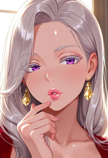 1girl, adult woman, earrings, masterpiece, red dress, hand up, jewelry, silver-gold hair, long hair, luscious lips, lip gloss, portrait, colored eyelashes, backlighting, purple eyes, glossy skin,