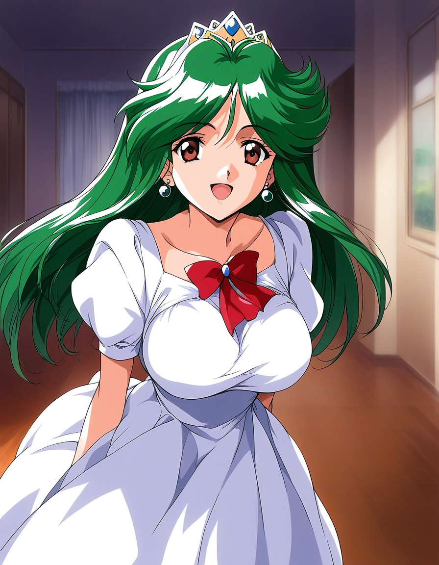 score_9, score_8_up, score_7_up, source_anime, rating_explicit, BREAK  <lora:Asou_Kasumi_XL:1> AsouKasumi, solo, green hair, long hair, brown eyes, large breasts, bangs,
 solo, princess dress, white dress, red bow, tiara, jewelry, earrings,  smile
 open mouth,
room, flooring, curtain,