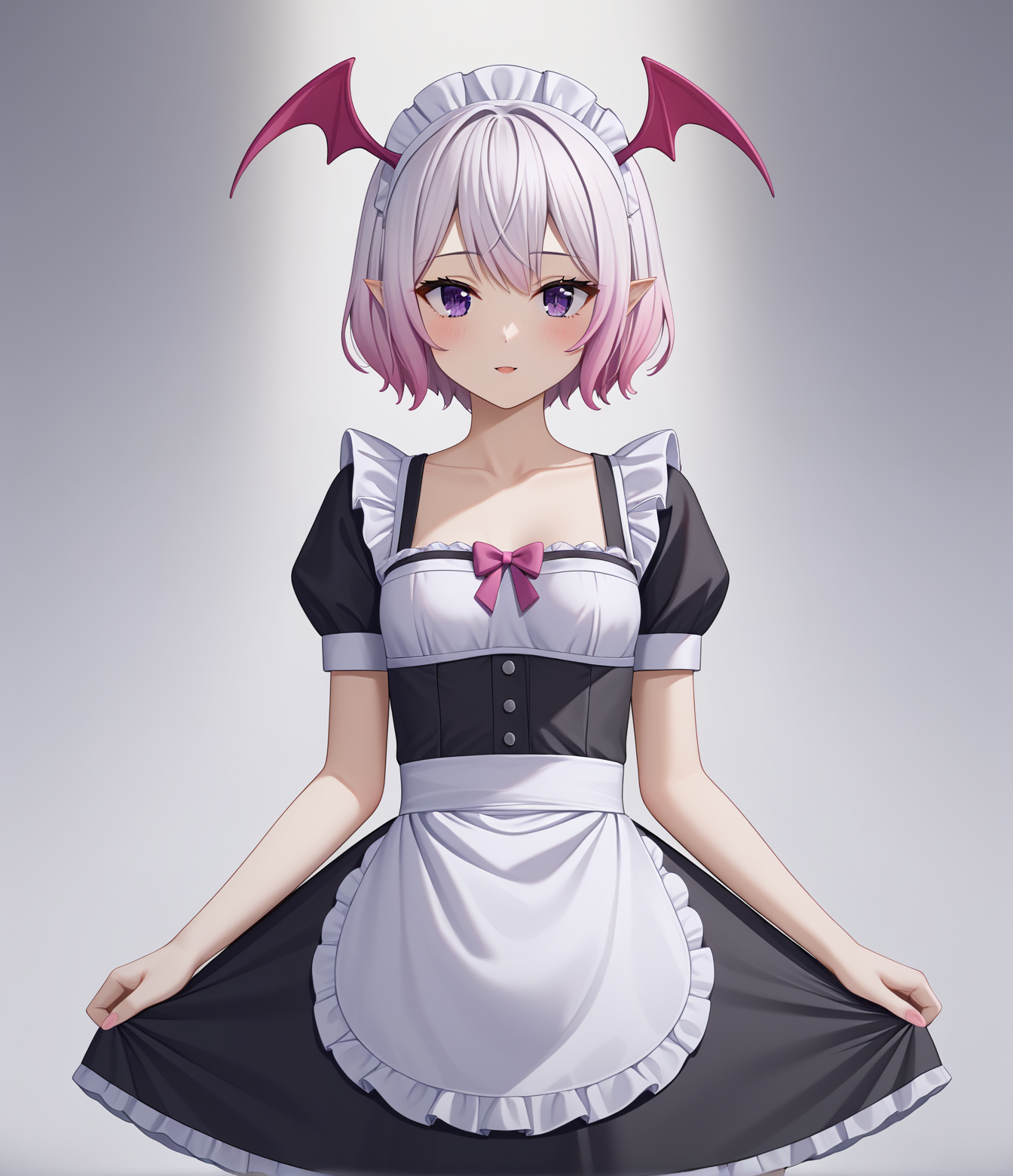 score_9, score_8_up, score_7_up, highres, 2024, BREAK, hi res, source_anime, best quality, masterpiece, 2d, intricate details, official style, anime, 4k, anime style,
e621, 1girl, solo, female, purple eyes, white hair, pink hair, gradient hair, short hair,
breasts, small breasts, head wings, succubus, demon girl,
maid, maid headdress, maid apron, maid dress, lace, lace trim, 
cowboy shot, foreshortening, looking at viewer, blurred background, gradient background, white background, <lora:Succubus_Pony:1>