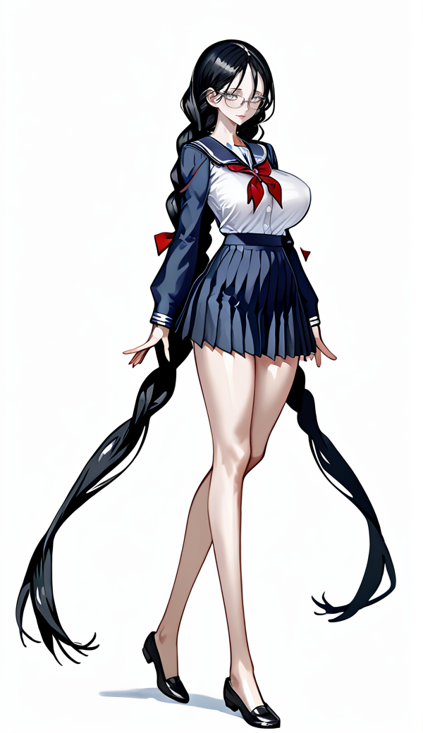 1girl, bright colors, score_9_up, score_8_up, rating_explicit, sexy, school uniform, full body,
very long hair braids, long legs, huge breasts, black hair, silver eyes, glasses, hair between eyes, tall, skinny, slim, thin, long eyelashes, narrow shoulders
<lora:add-detail-xl:1>
<lora:Femininebody2:0.5>, perfthig, <lora:raita_xl:0.8>