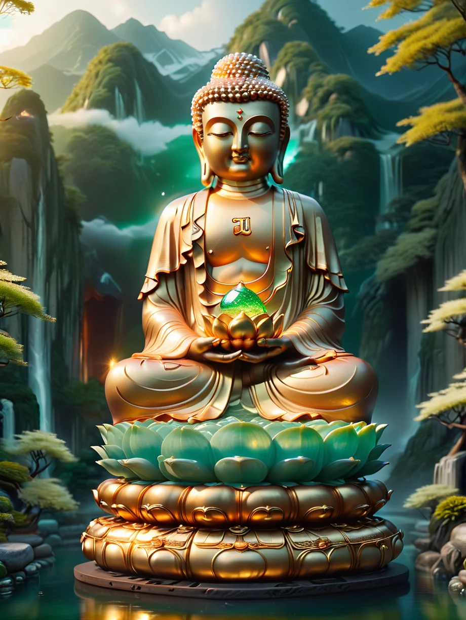 from_below,1 standing buddha statue,<lora:SDXLä½åé¿å½éä½-000002:0.8>,, 8K, best quality, blurred, bokeh, depthoffield, filmgrain, glisteningskin, HDR, highres, Kodakportra400, lens flare, masterpiece, photography,   RAW photo, realistic, shar pfocus, ultra detailed, ultra highres, vibrant color, photorealistic,realive,miniature,bonsai in glass box,independent building,grass,nature,no humans,(underwater:1.3),fantasy,goldfish, golden,gold trim,circular ring,fluorescent light,flsorescence,glow,glowing,jade and gem textured,(((mountain made of natural jades and Gems))),(waters),Ancient pavilion,plants,jewelry of jadeite and jade,genuine pearl, (auspicious clouds:1.1),towering trees