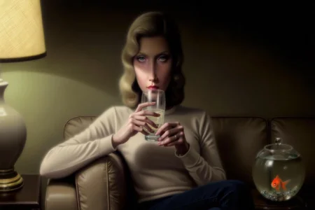 troybrooks1 painting
A woman with shoulder-length blonde hair styled in a bob is sitting on a couch, drinking a glass of water. She is dressed in a white sweater and is looking directly at the viewer. On the left is a lamp with a beige lampshade casting a warm light. On the right is a glass bowl with a goldfish in it. The background is dimly lit. <lora:troybrooks1_cap_d8a4e10:1.0><lora:854059714571453860:0>
