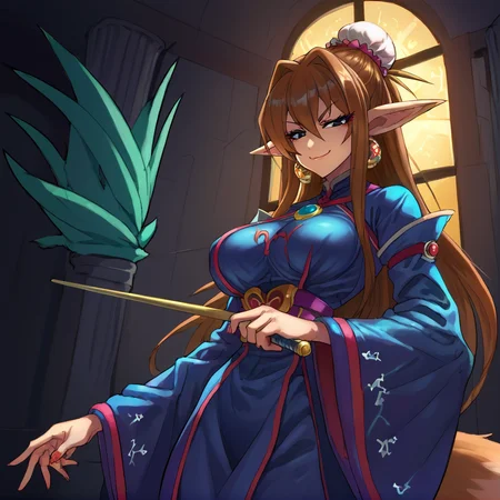 anime artwork Masterpiece, high quality, score_9, score_8_up, score_7_up, 1girl, solo, from below, witch, robe, smug, bedroom, window, backlighting, holding wand, <lora:Ursula_Breath_of_Fire_IV_XL:0.3> brown hair, black eyes, sidelocks, single hair bun, bun cover, eyeliner, pointy ears, animal ears, fox tail, medium breasts <lora:Lorna-SDXL(Pony)-v01:0.6> victory, tan, pointy ears, long hair, <lora:CanvasSolaris_Style_V2.5:1> cnvsls . anime style, key visual, vibrant, studio anime, highly detailed