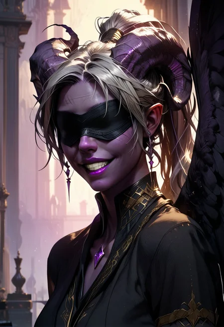 (absurdres, best quality, masterpiece:1.4), score_9, score_8_up, score_7_up, score_6_up, detailed, detailed body, detailed face, fantasy, 
(female, tiefling, h0rns, ram horns, black horns, tall, ((((dark purple skin, purple skin)))), ((long grey hair, ponytail)), black eyes, no pupils, no sclera, (wingsd, black wings)),
looking toward viewer, soft smile,
(simple black skirt, black shirt, blindfold, black cloth blindfold), 
depth of field, outdoors, harbour, evening, lamp posts