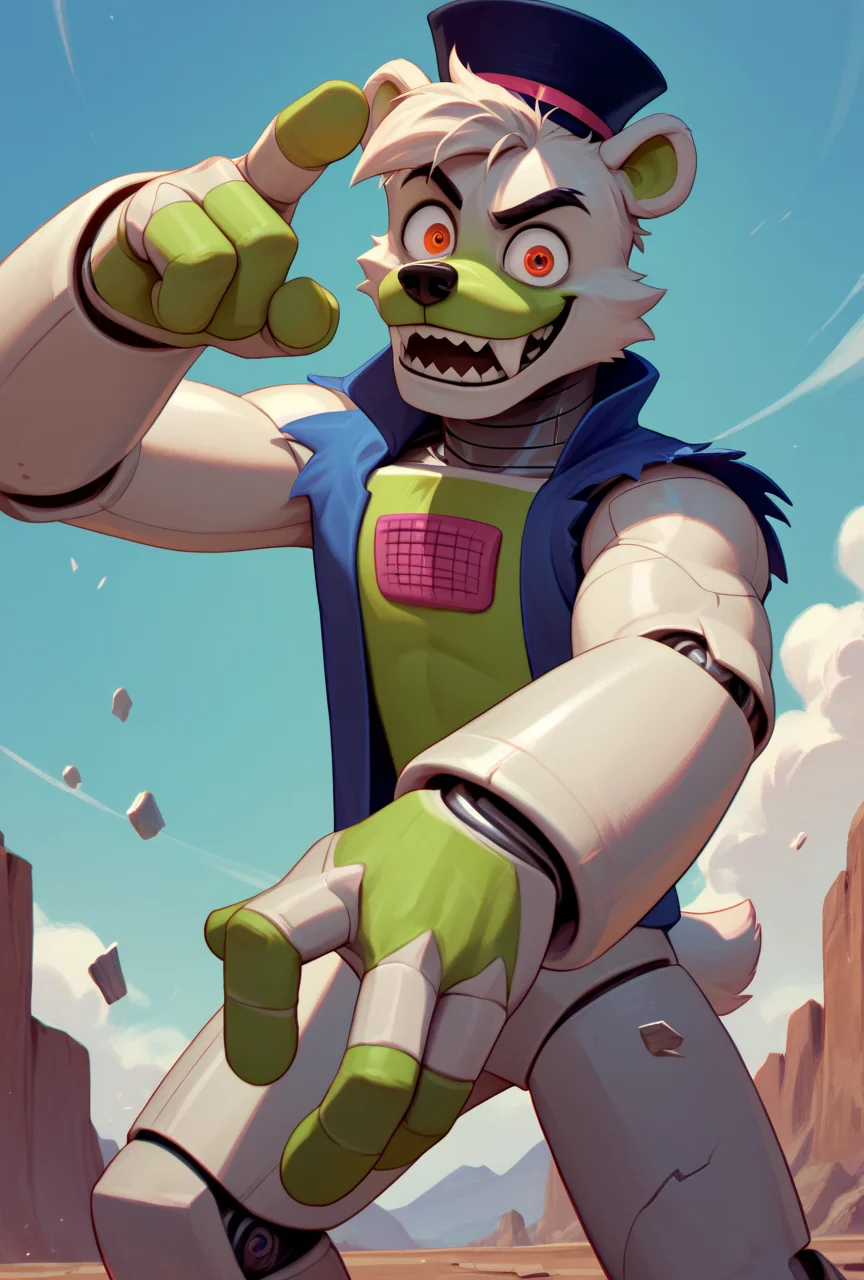<lora:saucebear_ponyxl-10v1.1:1.7> score_9, score_8_up, score_7_up, BREAK, outdoor, solo, (source_furry), (saucebear), crazy smile, handsome face, handsome pose, (multiple cracks on housing:1.2), (large canines, sabertooth), bear ears, deep blue hat, bear ears, glowing orange eyes, ((white fur:1.5, green color front chest, gray neck, metallic neck:1)), green fingers, four fingers on the each arms, perfect hands, (big eyes, big eye sockets), wearing blue vest, detailed hat, male focus, detailed face, detailed ears, detailed hands, (detailed clothing), (detailed body), looking at viewer, flat chest:1.5, zPDXL2,
<lora:Pony_DetailV2.0:1> <lora:add-detail-xl:0.55> <lora:detailed_notrigger:0.35> EyeDetail-SDXL <lora:hand 4:0.8>