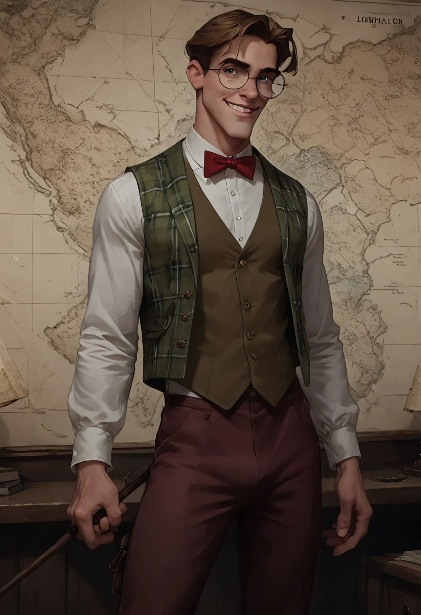 score_9, score_8_up, score_7_up, source_cartoon,
(Milothatch, glasses,1boy, solo), looking at viewer, standing up, smirk, white shirt, red bowtie, open green plaid vest, toned twink, blondlust, concept art, realistic, dark theme, low light, gaiter, boots, tight brown trousers, bulge, map background, holding long stick
<lora:detail:1> <lora:Smooth Anime:1> <lora:Milo_Thatch_-_Atlantis_The_Lost_Empire:1>