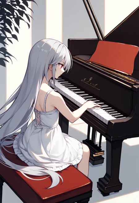 score_9, score_7_up, 1girl, Kazuki, silver hair, long hair, red eyes, white sundress, grand piano, sitting, playing piano <lora:Kazuki Lora-000009:1> <lora:grandpiano-concept-richy-v1_pdxl:1>