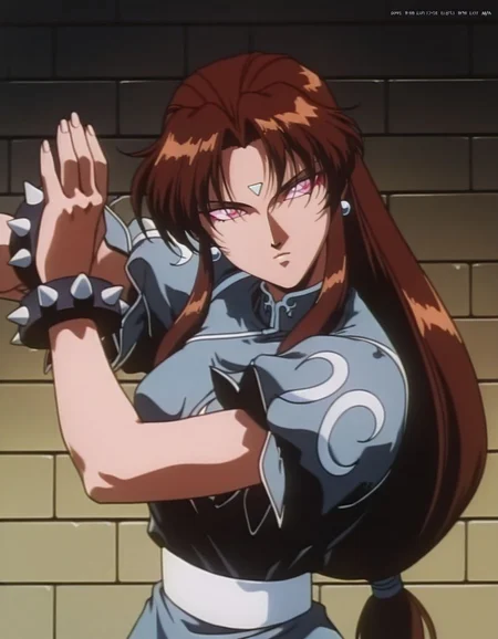 masterpiece, best quality, <lora:Chunli:1>, uselessli, brown hair, long hair, head tilt, medium breasts, parted bangs, short sleeves, anime coloring, earrings,dark skin,pink eyes, facial mark, retro artstyle, 1990s (style), expressionless, upper body, fighting stance, spiked bracelet,