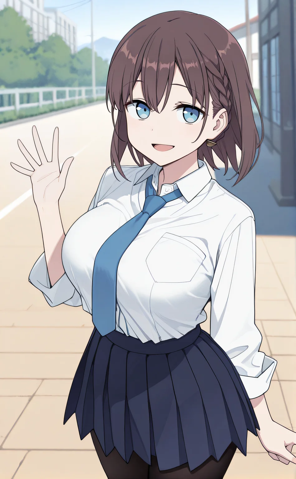 masterpiece, best quality, highres, newest, 1girl, solo, official style, <lora:Ai_chan:1>, aichan, brown hair, blue eyes, large breasts, school uniform, blue necktie, white shirt, blue pleated skirt, black pantyhose, looking at viewer, smile, outdoor, cowboy shot, hand up, five fingers, open mouth