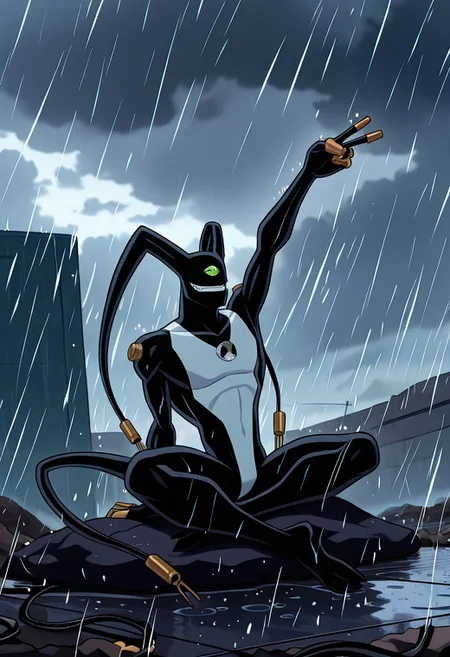 masterpiece, best quality, amazing quality, very aesthetic, absurdres, newest
feedback, solo, smile, , tail, 1boy, no humans, green eye, single eye, , digimon (creature), black skin, , alien, , , cables, ,
stretching legs, relaxed, sitting on cloud, grey clouds, peace sign, rain,