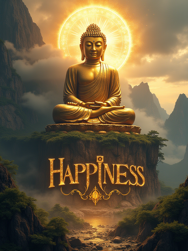 Revised Poster Design Concept: Majestic Mountain-Carved Buddha in Pure Gold
Overall Style:

Monumental Presence: The poster will feature a colossal Buddha intricately carved from the mountainside, exuding a sense of awe and reverence. The design will emphasize the passage of time and the enduring power of spirituality.

Mountain-Carved Buddha Design:

Massive Scale: The Buddha will be depicted as an enormous, weathered statue, seamlessly integrated into the mountain, showcasing intricate details that highlight both the craftsmanship and the natural rock formation.

Material: The Buddha will be represented in pure gold, reflecting light and radiating warmth, symbolizing prosperity and enlightenment.

Radiant Aura: Surrounding the Buddha will be a brilliant, multicolored halo (佛光) that shines brightly, symbolizing enlightenment and spiritual energy.

Clouds of Auspiciousness: Soft, swirling clouds (祥云) will envelop the Buddha, enhancing the divine and majestic atmosphere.

Background Design:

Majestic Peaks: The Buddha will be framed by towering mountains, with the rugged terrain adding to the grandeur of the scene.

Dramatic Sky: A moody sky filled with swirling clouds and rays of light breaking through will enhance the dramatic effect, creating a sense of divine presence.

Light and Shadow Effects:

Powerful Highlights: Strong, directional lighting will illuminate the Buddha’s golden features, casting deep shadows that emphasize its monumental size and presence.

Atmospheric Depth: The interplay of light and shadow will create a mystical atmosphere, enhancing the feeling of ancient wisdom and timelessness.

Text:

Phrase: Prominently display the word: "HAPPINESS" in bold, uppercase letters that resemble ancient inscriptions or stone carvings.

Font Style: Use a rugged, textured font in a deep earth tone, perhaps with a slight glow or shadow to make it stand out against the dramatic background.

Additional Elements:

Ancient Symbols: Incorporate subtle motifs or symbols around the base of the Buddha, such as lotus flowers or ancient scripts, to enhance the spiritual significance.

Nature Elements: Add elements like creeping vines or weathered stones at the base, emphasizing the connection between the Buddha and the enduring natural world.

Overall Effect:
This poster will convey a sense of monumental power and ancient wisdom through the depiction of a colossal mountain-carved Buddha in pure gold, surrounded by a radiant aura and auspicious clouds. The emphasis on the word "HAPPINESS" will resonate with themes of joy and spiritual fulfillment, creating a visually striking and thought-provoking experience that invites viewers to reflect on the passage of time and the strength of faith.