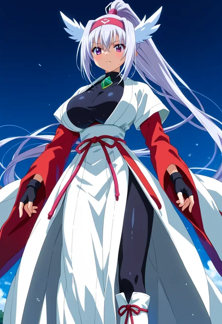 score_9, score_8_up, score_7_up, score_6_up, score_5_up, source_anime,
1girl, solo,
<lora:akidra3:1>, akidra, blue and grey and white hair, very long hair, purple eyes, high_ponytail, no pants, thigh boots, white boots, long skirt, white skirt, white japanese clothes, red rope, hairband,headband,head wings, gem, black tight shirt, white sash, white kimono with short sleeves, long sleeves, red sleeves,black fingerless gloves
shiny skin, sweat, huge breasts