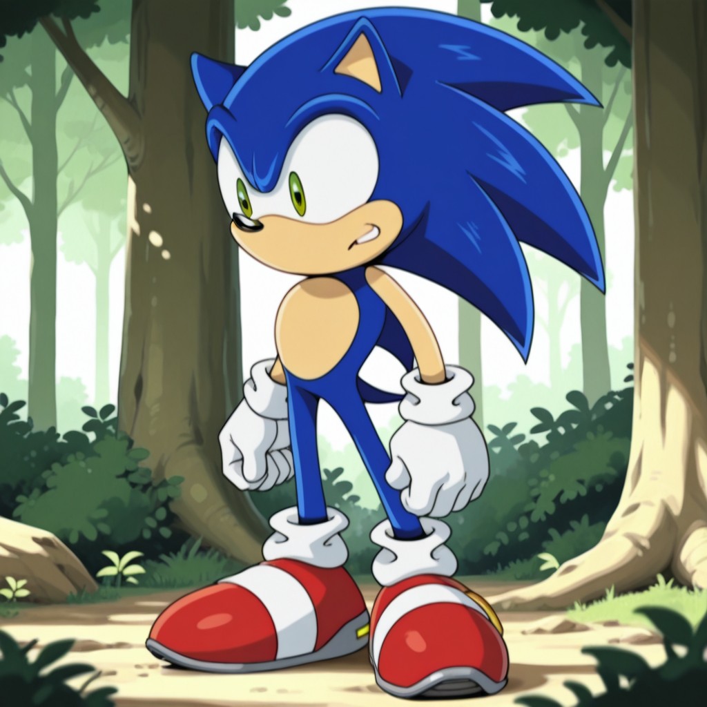 masterpiece, best quality, amazing quality, sonicSXil, anthro, male, hedgehog, blue fur, green eyes, white gloves, white socks, red shoes, standing, in forest,, <lora:cdccbaab-007c-415d-a4cf-2554ec269115:1.0>