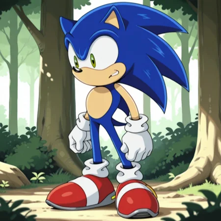 masterpiece, best quality, amazing quality, sonicSXil, anthro, male, hedgehog, blue fur, green eyes, white gloves, white socks, red shoes, standing, in forest,, <lora:cdccbaab-007c-415d-a4cf-2554ec269115:1.0>