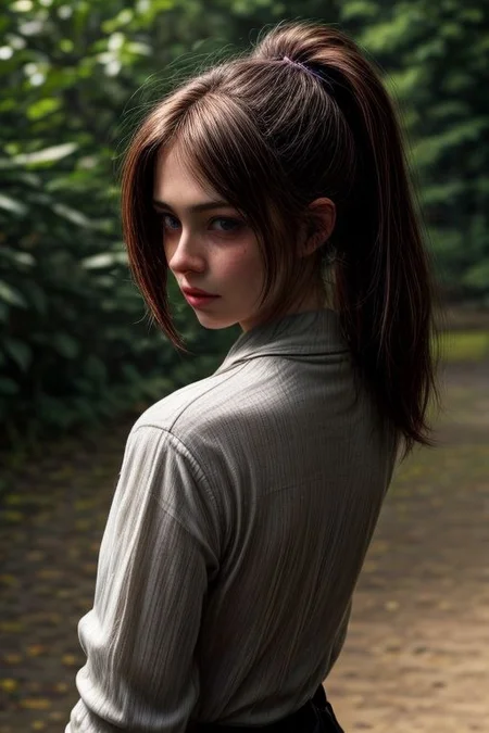 A masterpiece, the best quality:1.3)
ElliTLU, 1 girl, One, Long hair, chest, blue eyes, brown hair, shirt, long arms, closed mouth, green eyes, Upper body, ponytail, bag, lips, looking away, Traditional media, backpack, freckles, realistic, nose, Layered sleeves, short over long arms, holding hands