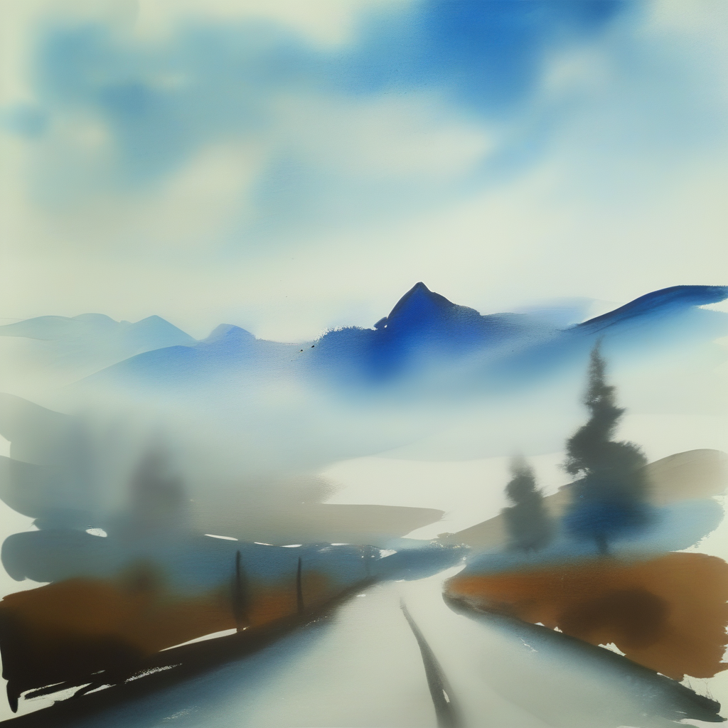 drawix10 landscape of mountains, road, trees, blue sky with clouds<lora:drawix10:1>