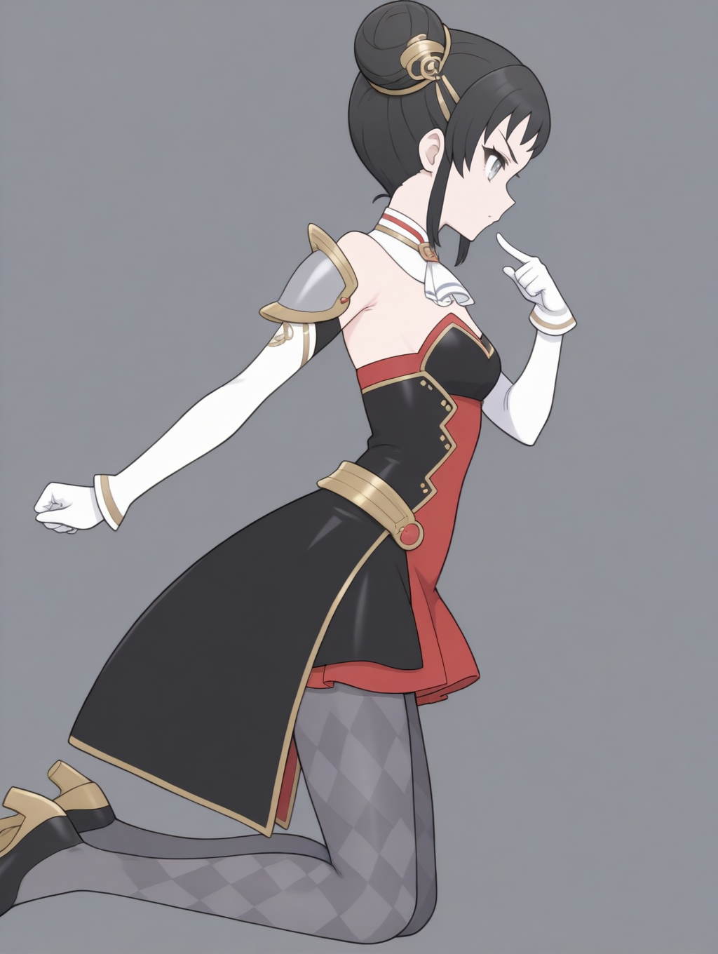 perfect quality,best quality,absolutely eye-catching,ambient occlusion,raytracing BREAK
1girl,<lora:hana IL v1.1>,hana,double bun,black hair,grey eyes,hair ornament,detached collar,white detached sleeves,open coat,short dress,red dress,black dress,argyle pantyhose,gloves,armor,high heels,grey pantyhose,gold hair ornament,solo,, from side, looking away,medium_shot,on_side,pointing_at_self,arm_held_back,all_fours,