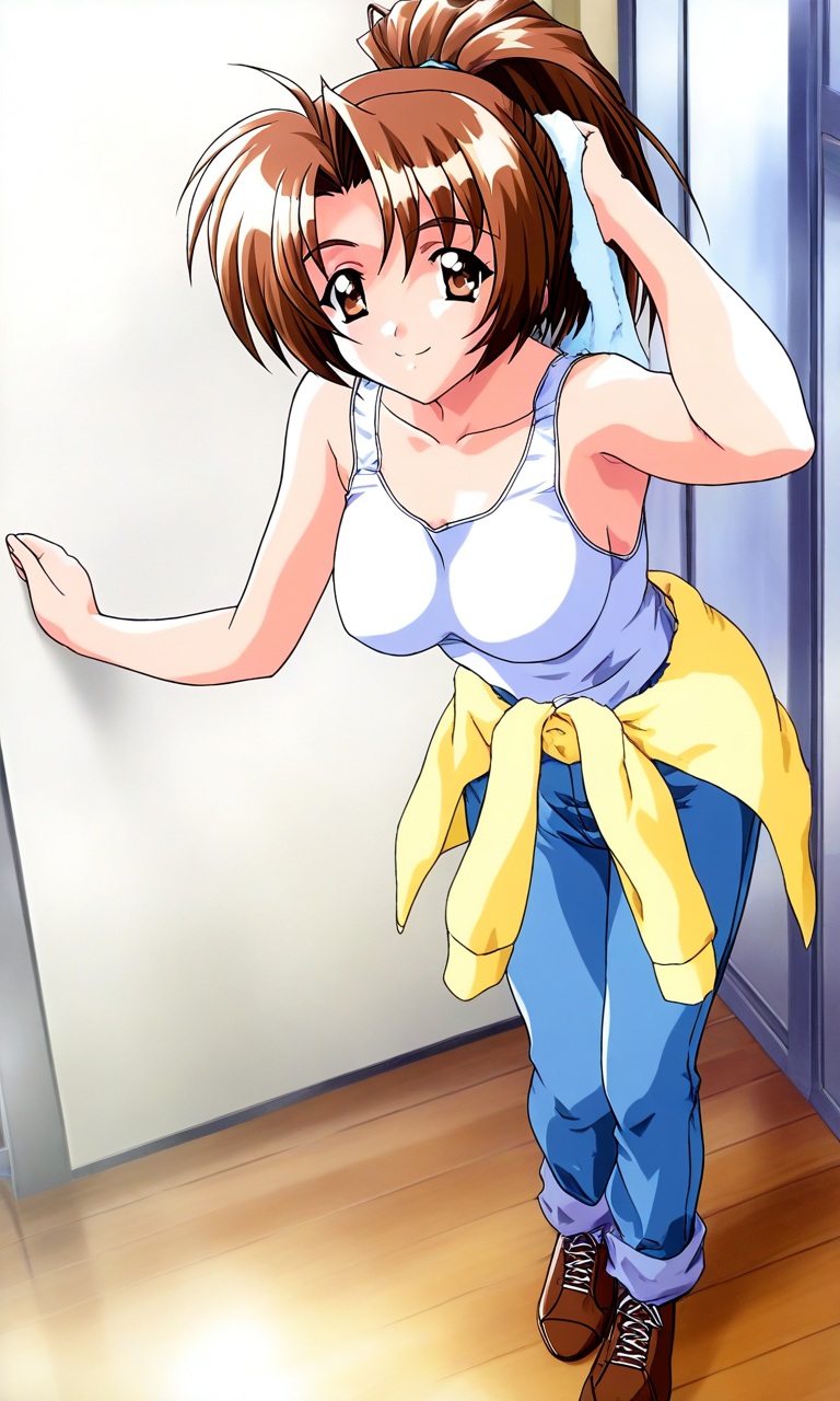 general,highres, ultra-detailed,very aesthetic,best quality ,best hands, BREAK  <lora:kudanshita_Maeka_Tokimeki_Memorial2_IS:1>
kudanshita_Maeka(Tokimeki_Memorial2), 1girl, solo, brown hair, brown eyes, large breasts,
towel, ponytail, smile, looking at viewer, standing, high ponytail, tank top, shoes, pants, brown footwear, sleeves rolled up, clothes around waist, shirt,