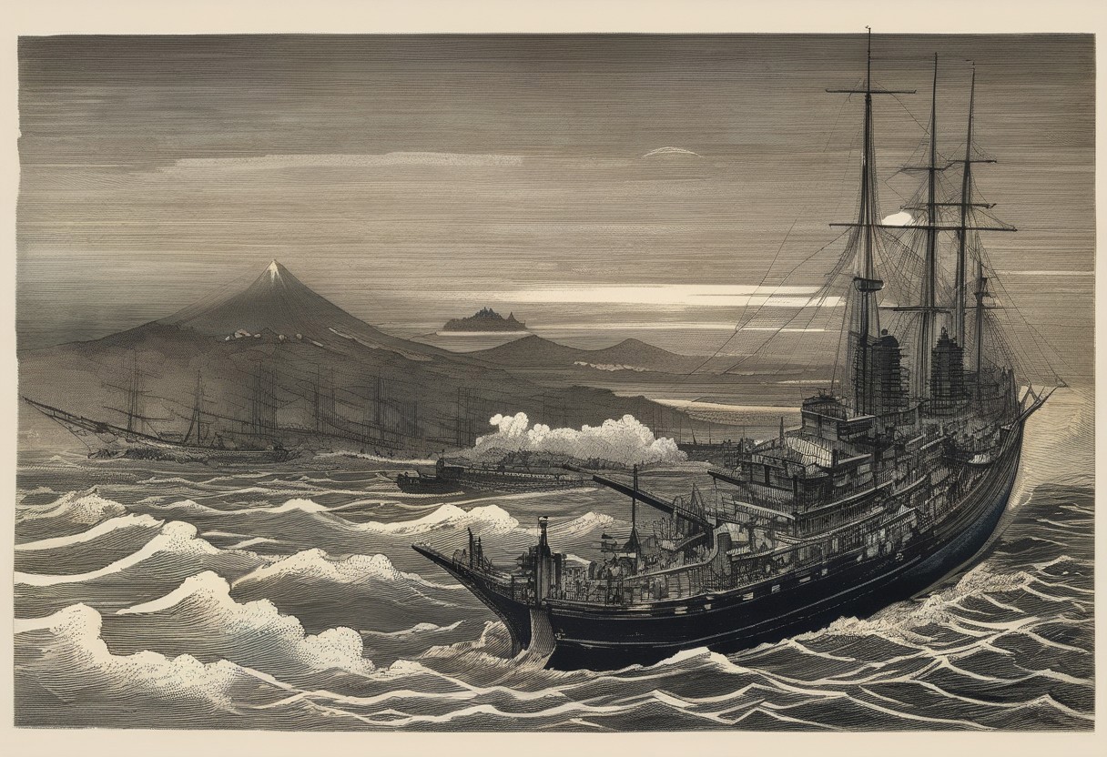 woodcut tokio bay 1865, big black steam powered battleship, gustave dore style, hokusai waves, hokusai mount fuji in the background