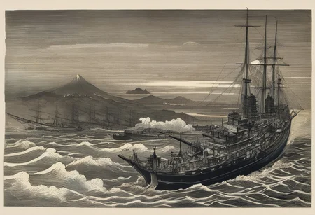 woodcut tokio bay 1865, big black steam powered battleship, gustave dore style, hokusai waves, hokusai mount fuji in the background