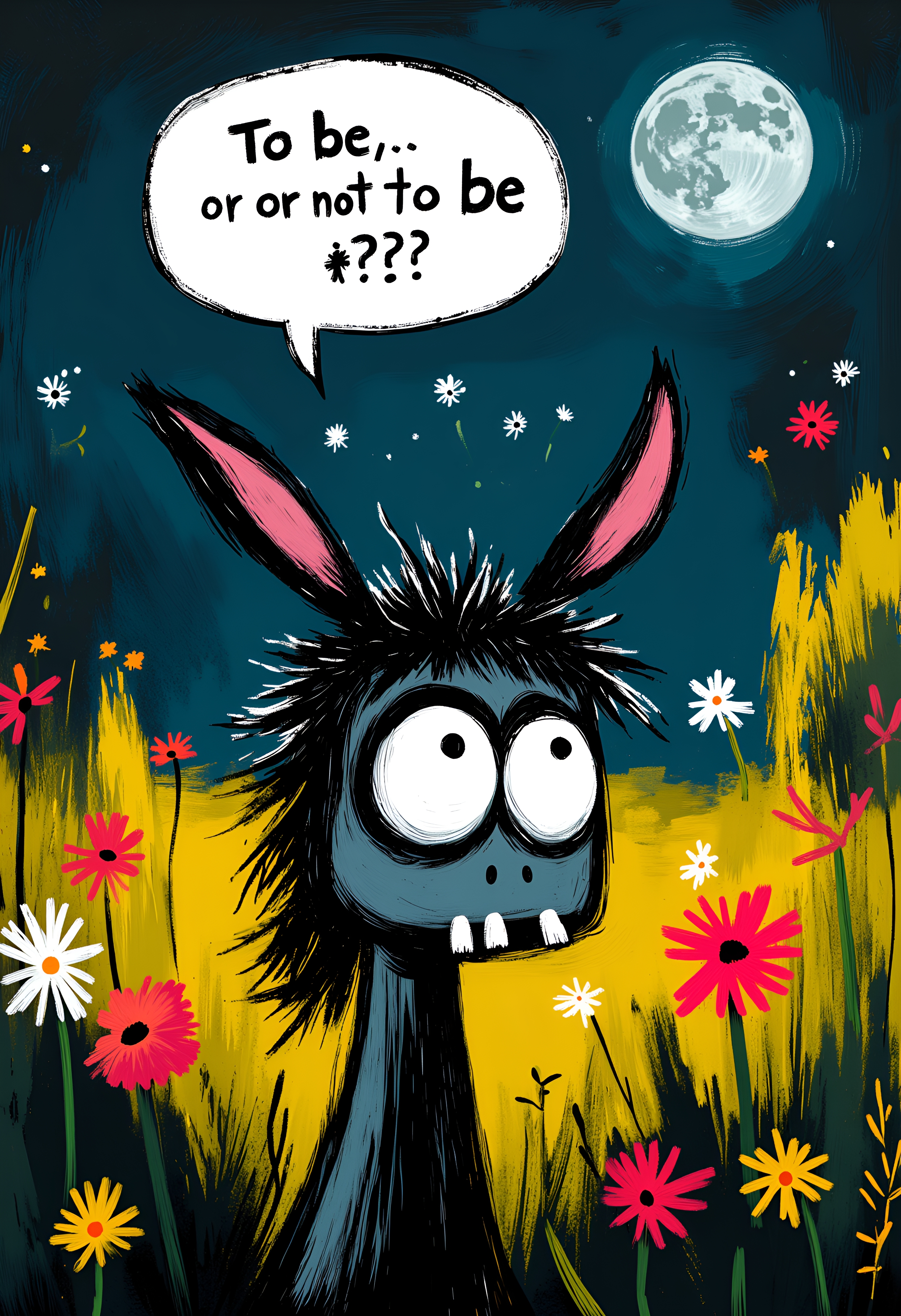 . whimsicalart, darkfairytale, (moonlightart:1.2), (whimsical illustration:1.2), dreamy, moody, fantasy, magic.  breathtaking closeup portrait of an old donkey resting thoughtfully in a magic forest clearing. at midnight under a full moon.  above him is a prominebtly dispayed speech bubble that says: ("To be, or not to be???":1.2).  completely lost face expression, nice big twisted donkey eyes, large closeup crazy donkey face.  masterpiece of fun.  brilliant dark collors, volumetric lighting, god rays.  , <lora:30 style\flux Dark Whimsical Art v1 ()>, <lora:30 style\flux MOONZ WILD v1 ():0.8>, , , , ,