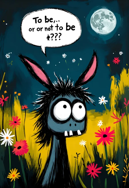 . whimsicalart, darkfairytale, (moonlightart:1.2), (whimsical illustration:1.2), dreamy, moody, fantasy, magic.  breathtaking closeup portrait of an old donkey resting thoughtfully in a magic forest clearing. at midnight under a full moon.  above him is a prominebtly dispayed speech bubble that says: ("To be, or not to be???":1.2).  completely lost face expression, nice big twisted donkey eyes, large closeup crazy donkey face.  masterpiece of fun.  brilliant dark collors, volumetric lighting, god rays.  , <lora:30 style\flux Dark Whimsical Art v1 ()>, <lora:30 style\flux MOONZ WILD v1 ():0.8>, , , , ,