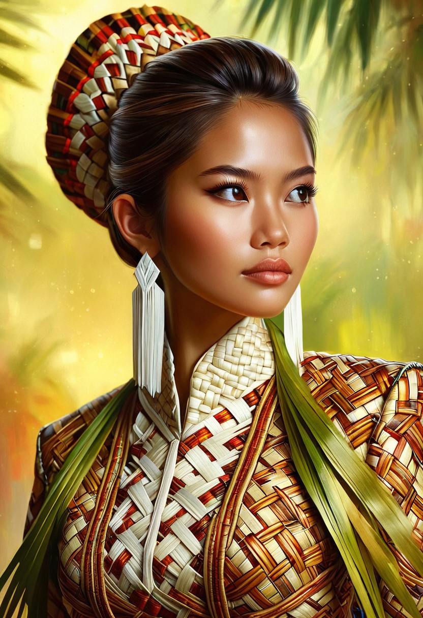 A hyper-realistic portrait of a single girl, focusing on her upper body, adorned in a ketupat-inspired outfit, with intricate woven patterns and earthy tones, set against a soft, natural light background, with a shallow depth of field, emphasizing the texture and details of the traditional Malaysian clothing, in the style of a high-fashion digital painting, with vivid colors and subtle shadows, capturing the essence of cultural heritage with modern elegance.