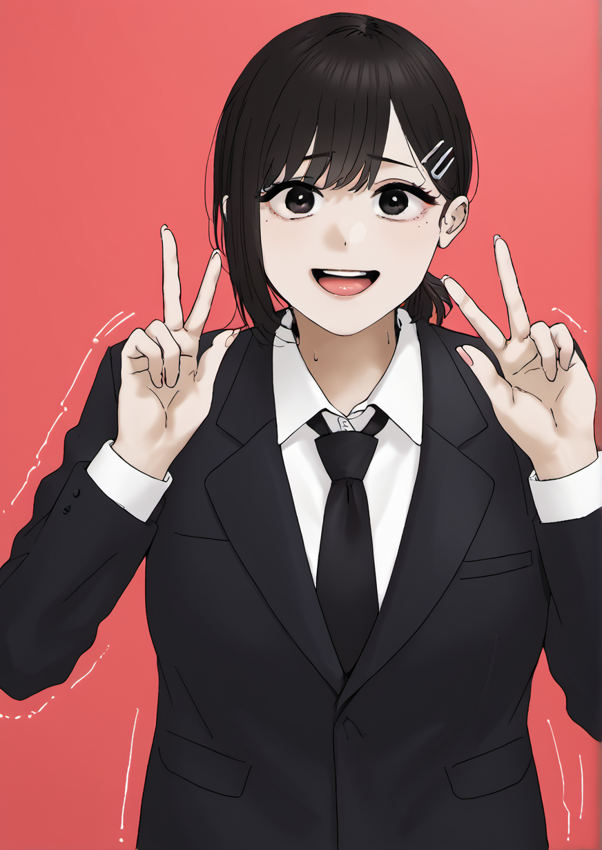 1girl, higashiyama kobeni, huge breast, , black hair, black jacket, black necktie, collared shirt, double peace, formal, hair ornament, hairclip, jacket, looking at viewer, medium hair, necktie, open mouth, red background, shaking, shirt, short ponytail, single sidelock, solo, suit, suit jacket, swept bangs, peace sign, white shirt,  zPDXL3 <lora:Breast Slider - Pony_alpha1.0_rank4_noxattn_last:3> <lora:HandFixer_pdxl_Incrs_v1:1> <lora:å¦ãMEN:1>