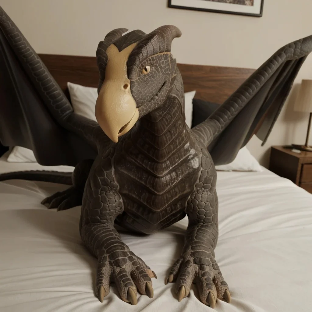 core_9, score_8_up, score_7_up, score_6_up, masterpiece, high quality, realistic, detailed, best quality, 1girl, solo, rating_safe, source_furry, bedroom, smiling, seductive, looking at viewer, lying on bed, negative_hand, lying on bed, full body, beaky_pb, dragon, gray scales, wings, beak, tail, female, 1girl, scales, yellow sclera, yellow eyes, feral