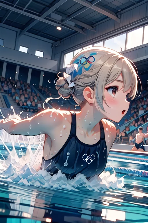 ((butterfl_ystroke)), ((lying on stomach)), outstretched arms, arms behind back, water flow, refraction, player swimsuit, splashing, skylight, swimming pool, olympic games venue, cinematic lighting, 3girls, multiple girls, swim cap, head down, cleavage, blonde, twintails, ribbon, from side, profile, <lora:girllikebutterflystroke:0.9>