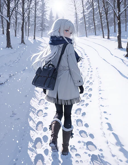 re4lity_sync_illu,
1girl, footprints, solo, long hair, scarf, snow, outdoors, boots, facing away, bag, from behind, fringe trim, tree, white hair, blue scarf,dim_lighting,hot_palette,soft light,light rays, snowing, condensation, looking back, 
,masterpiece,best quality,absurdres,incredibly absurdres, <lora:re4lity:1>,picture frame,blurry edges,