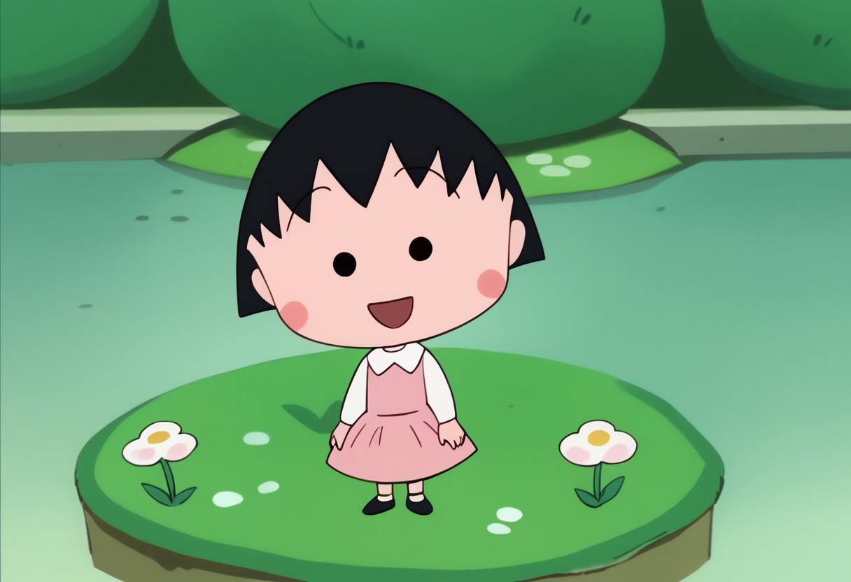 score_9, score_8_up, score_7_up BREAK ChibiMaruko, 1girl, black bobcut, black dot eyes, pink circle blush, happy, solo, solo focus, puffy pink princess dress, flowers garden, full body,