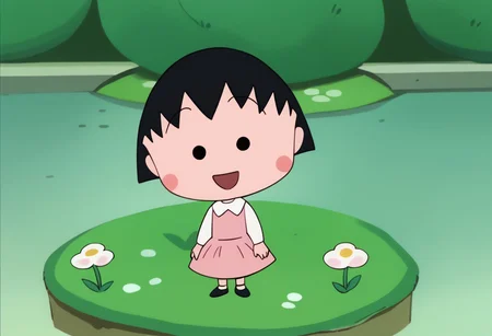 score_9, score_8_up, score_7_up BREAK ChibiMaruko, 1girl, black bobcut, black dot eyes, pink circle blush, happy, solo, solo focus, puffy pink princess dress, flowers garden, full body,