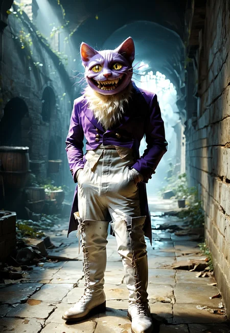 score_9,score_8_up,score_7_up, best quality, 1boy, solo, PocketCat, smile, sharph teeth, purple blazer, trousers, white boots, white gloves, cowboy shot, yellow eyes, in dungeon, male focus, hand in pocket, dark dungeon, photorealistic, RAW, realistic dark environment, creepy vibes