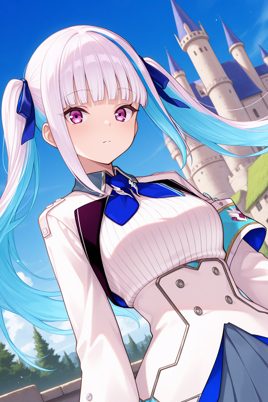 1girl, LizeHelestaNijisanji, 
general, solo, dutch angle, upper body,
twintails, hair ribbon,
purple eyes, looking at viewer,
white jacket, double-breasted,
frilled sleeves, armband, safety pin, 
blue necktie,
collared shirt, large breasts,
blue sky, fantasy, castle, wind,
<lora:kp_LizeHelestaNijisanji1stCostumeIllustrious_v1_0:1.0>,
masterpiece, best quality, amazing quality